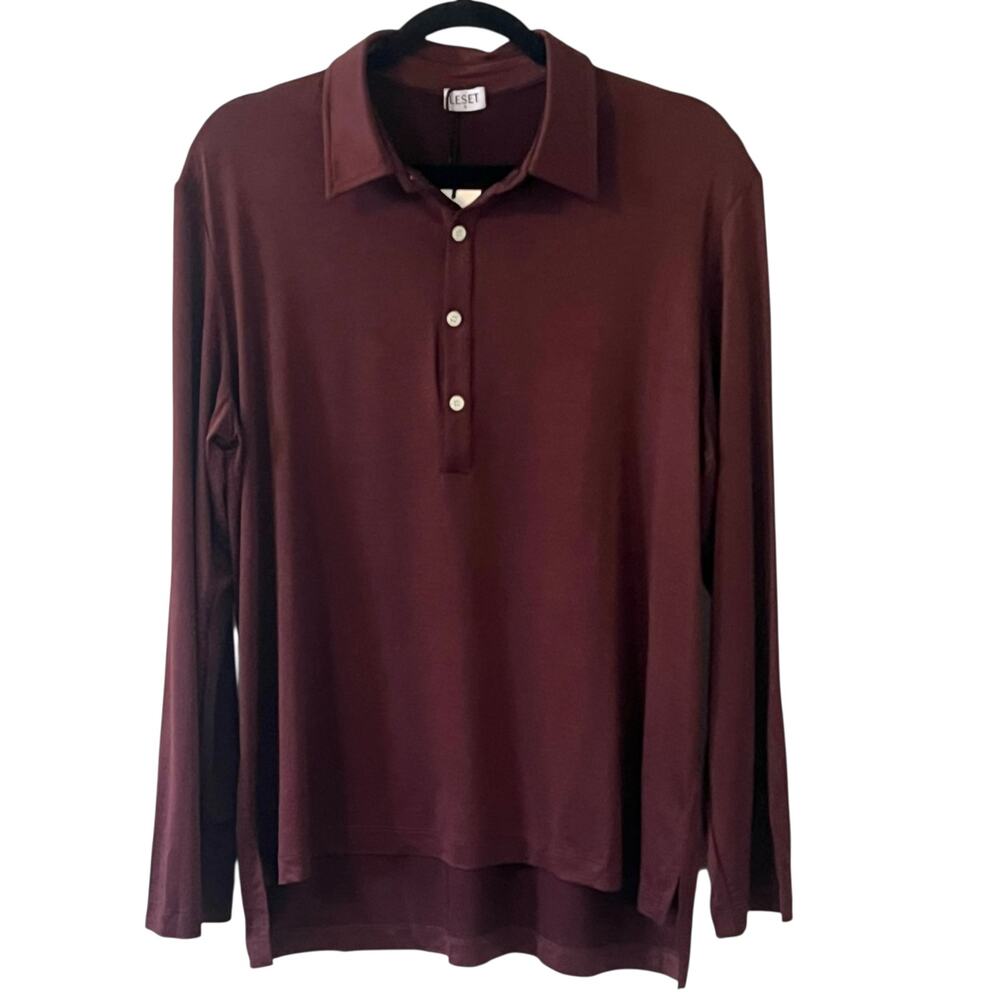 LESET Satin Long Sleeve Polo Blouse in Burgundy - Picture 2 of 11